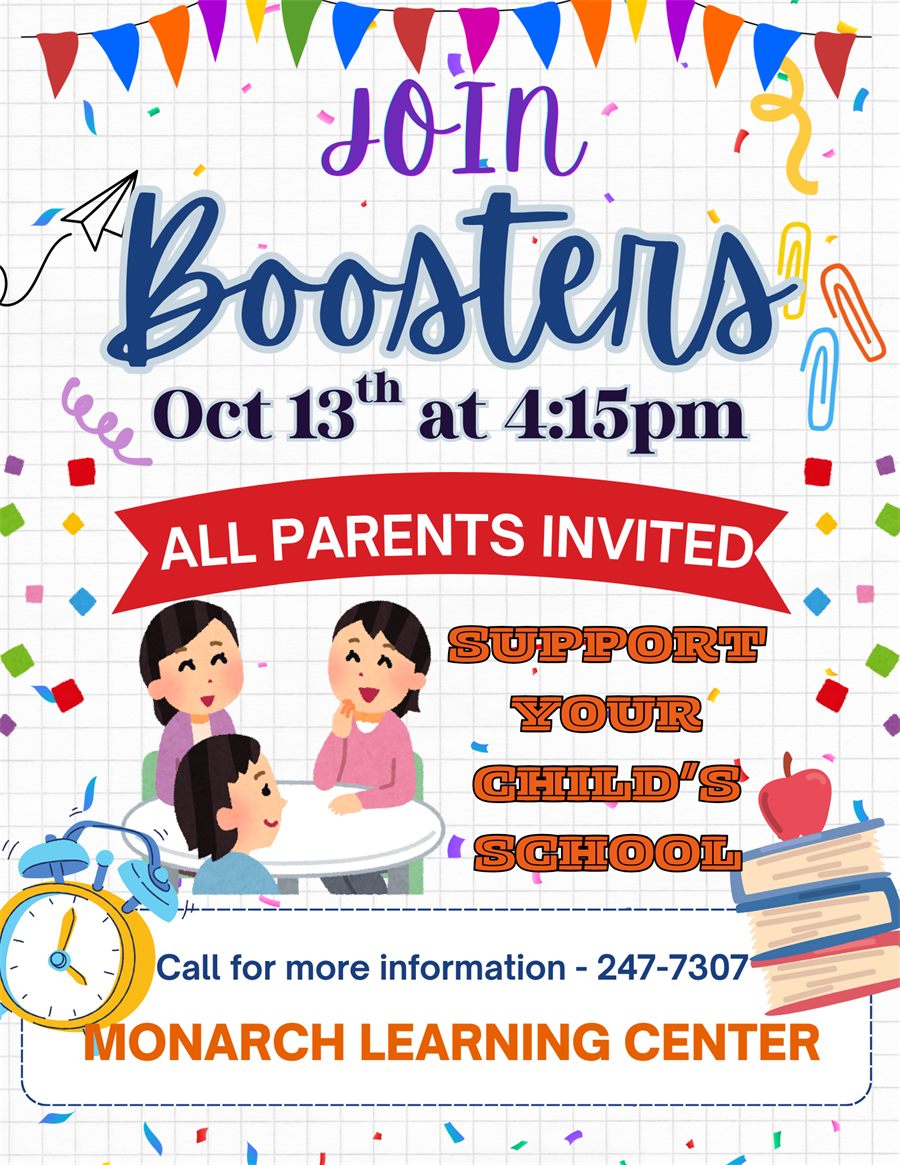 Join Boosters flyer: meeting October 13 at 4:15 PM, all parents invited, support your child’s school, call 247-7307