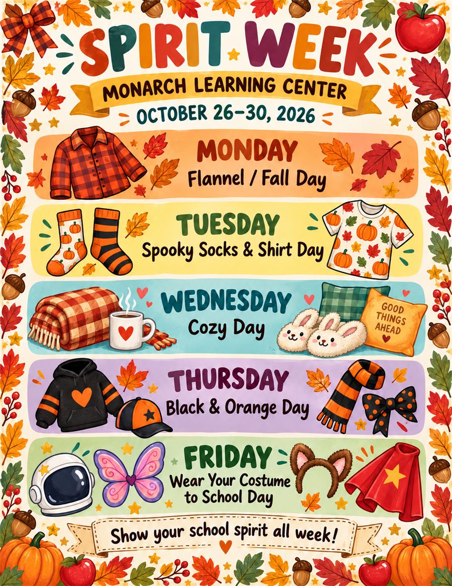 Spirit Week flyer, October 26 to 30, 2026: Monday Flannel/Fall Day, Tuesday Spooky Socks and Shirt Day, Wednesday Cozy Day, Thursday Black and Orange Day, Friday Wear Your Costume to School Day